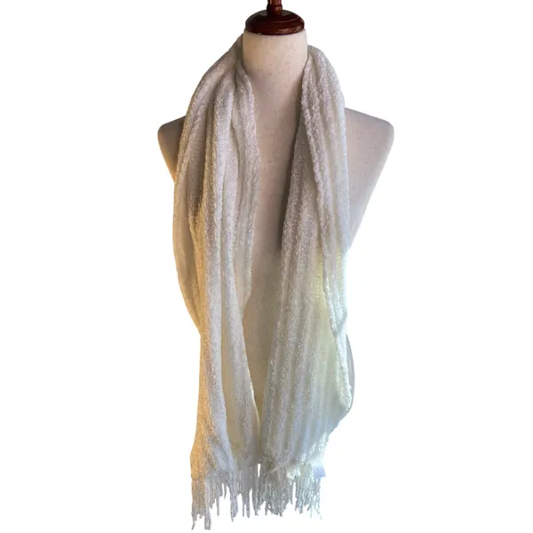 White Textured Boucle Fringe Scarf Long Cozy Winter Wrap - Image 2