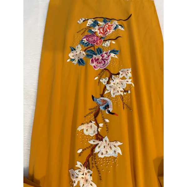Vietnamese Ao Dai Tunic Mustard Yellow Floral Embroidered Beaded Gown Dress S/M - Image 4