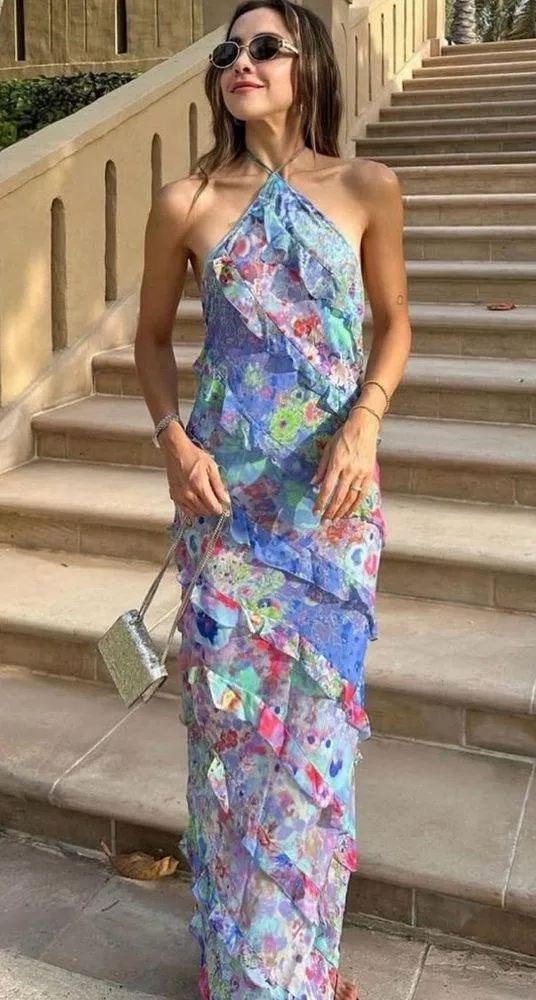 Zara ruffle printed halter midi Dress NEW - Image 5