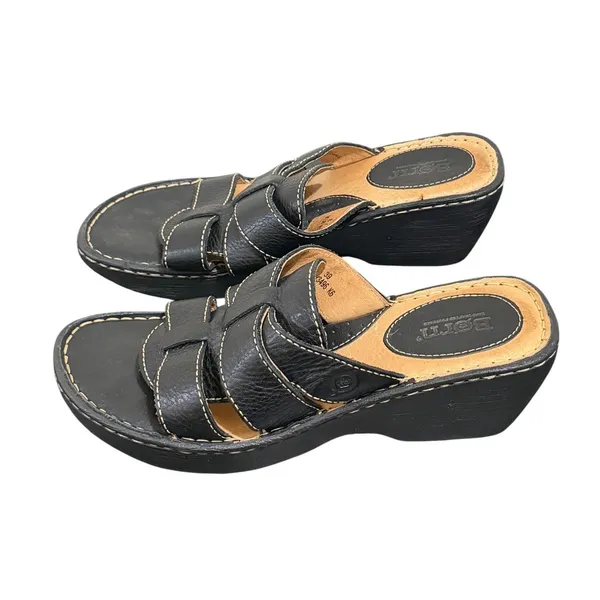 Born Black Leather Wedge Slide Sandals Women 8 39 W3496 K6 Contrast Stitching - Image 2