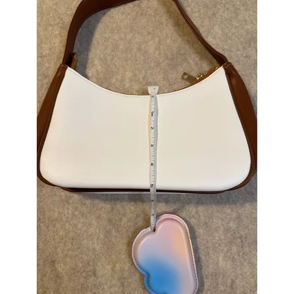 White and Brown Baguette Shoulder Bag Minimalist Two Tone Handbag Gold Zipper - Image 4