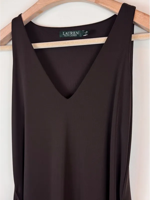 Lauren Ralph Lauren Chocolate Brown Draped Tie Side Asymmetrical Midi Dress M - Image 5