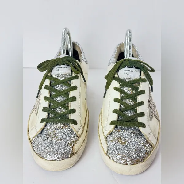 Golden Goose White Sneakers with Silver Glitter and Leopard Star Size 39 - Image 6