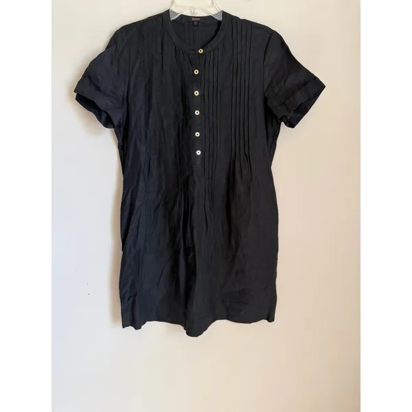 Quince Linen Pintuck Shift Dress Womens S Black Short Sleeve Pockets CMA01 - Image 2