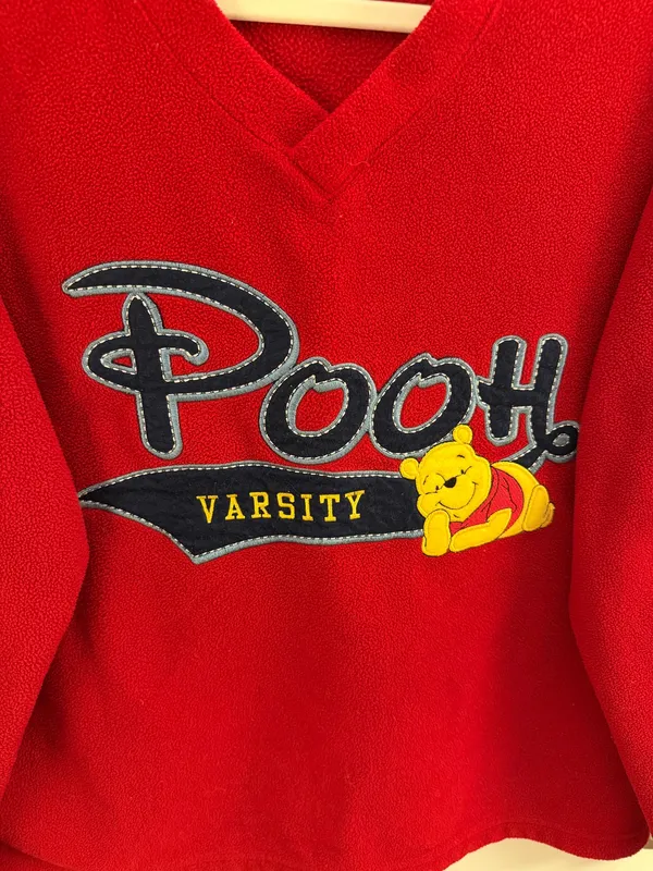 Disney Vintage Winnie the Pooh Red Varsity Fleece V Neck Pullover Sweater Medium - Image 4