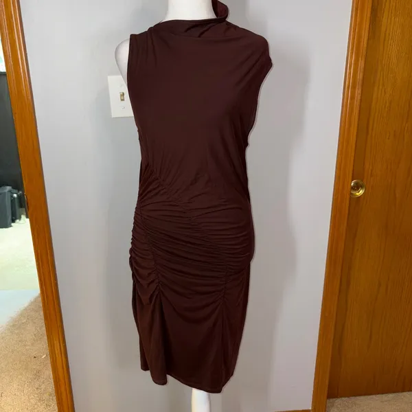 Anthropologie Ruched Mock Neck Knit Dress‎ Cocoa Plum Fitted Sleeveless Bodycon - Image 4