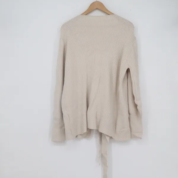 Beige Ribbed Wrap Cardigan Sweater XL Puff Sleeve Tie Front Cream Knit - Image 3