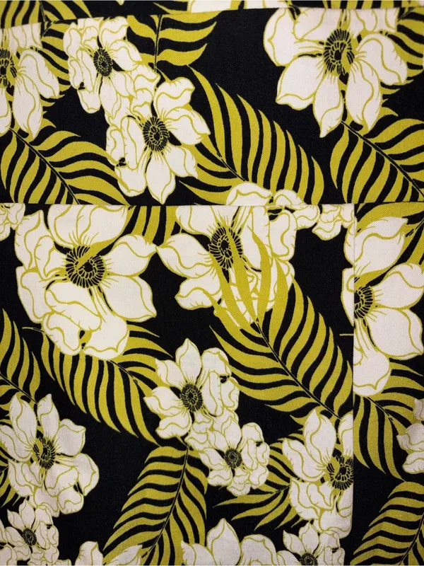 Tropical Floral Square Neck Bow Tie Back Mini Dress Olive Green White Black - Image 5