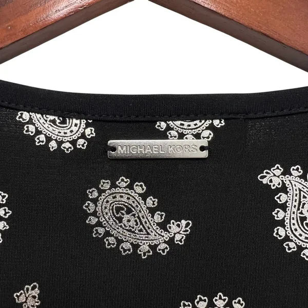 MICHAEL KORS Black/Silver Foil Paisley Flounce Shift Dress Bell Sleeves Size S - Image 16