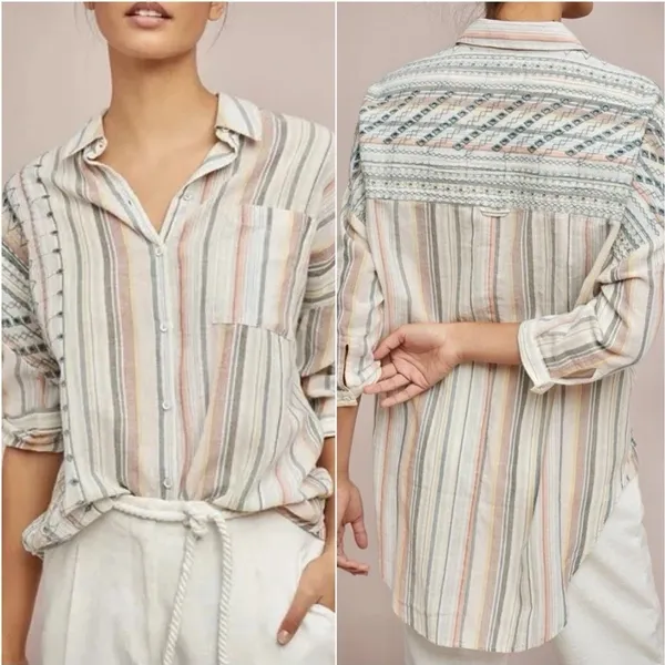 Anthropologie Striped Eyelet Buttondown Shirt Relaxed Multicolor M/L - Image 2