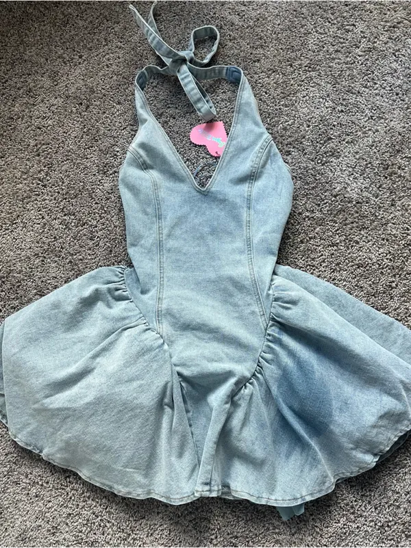 Sugar Thrillz Light Blue Denim Halter Poofy Coquette Mini Dress - Image 2