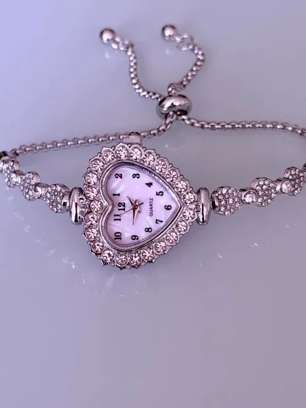 Brand New y2k Silver heart-shaped watch with rhinestone details and adjustable chain - Image 2