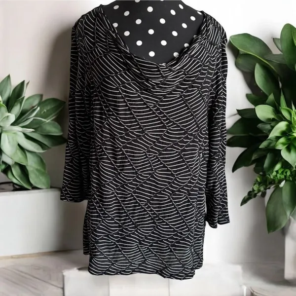 Dana Buchman Black White Geometric Cowl Neck Top Small Stretch Blouse‎ - Image 3