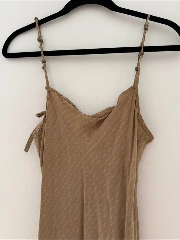 VRG GRL Taupe Stripe Maxi Slip Dress with Beaded Adjustable Straps - Image 6