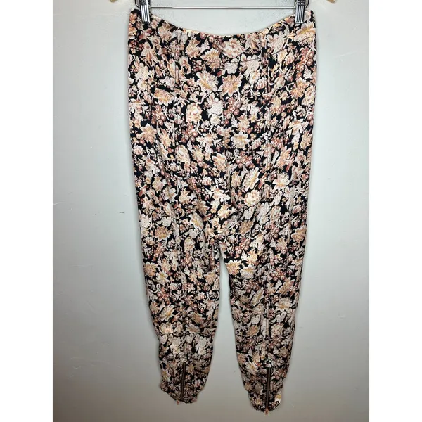 Anthropologie Floral Tapered Pants Womens 4 Black Orange Ankle Zip Boho Casual - Image 6