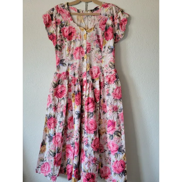 Vintage STARINA Floral Cottage Core Dress SZ M Pink Rose Button Front & Pockets - Image 4