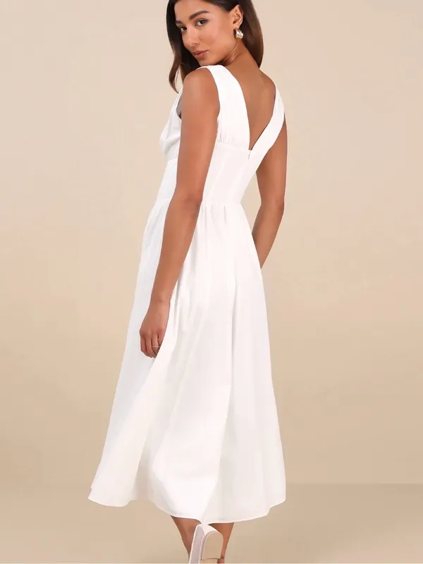 Lulus Lettie White Poplin Plunge Neck Midi Dress - Image 3