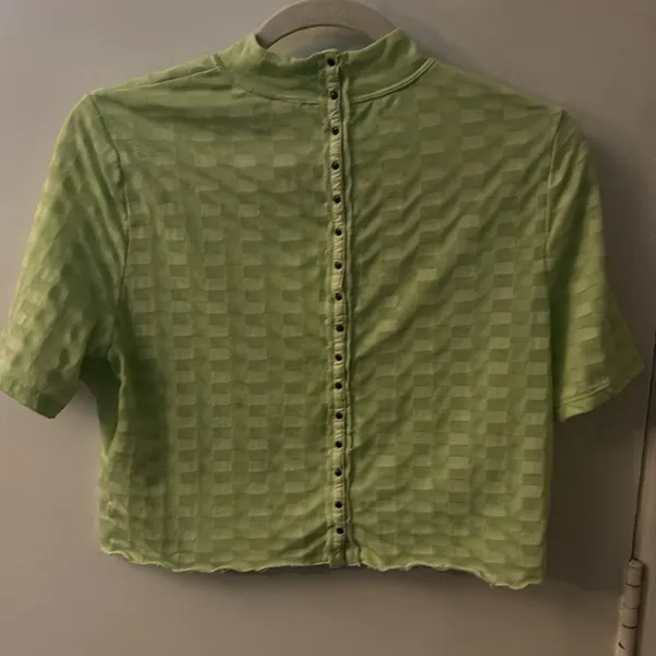 Free People Green Mock Neck Textured Button Closure Back T-Shirt S Casual Boho - Image 6