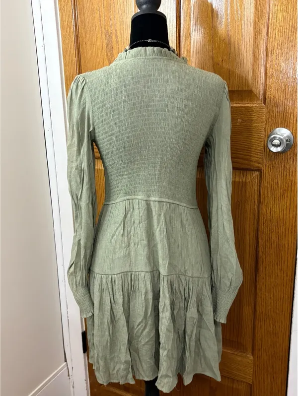Women’s Sage Green Smocked Tiered Mini Dress Long Sleeve Size Small - Image 3