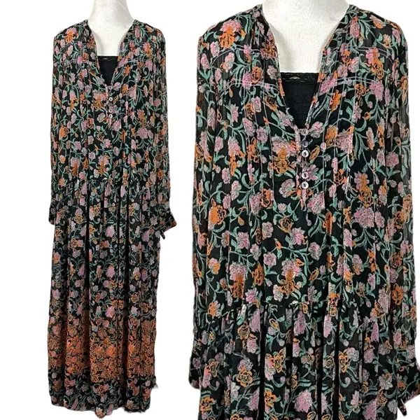 Free People See It Through Maxi Dress in Black Combo Large Floral Prairie Boho - Image 4