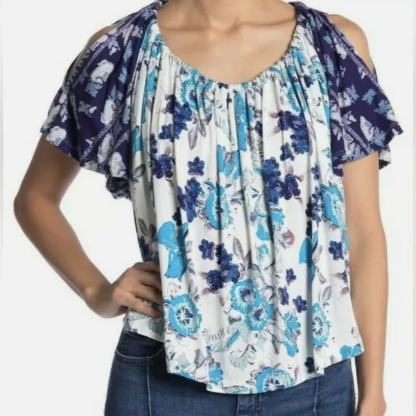 Free People Baja Babe Top Blue & Ivory Boho Floral Print Women’s Small S - Image 13