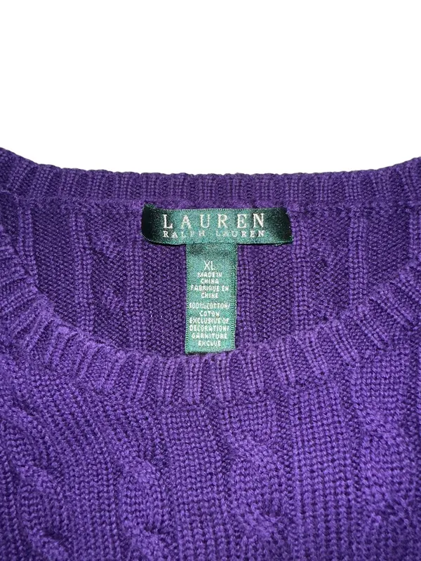 Lauren Ralph Lauren Purple Cable Knit Crewneck Cotton Sweater XL - Image 3