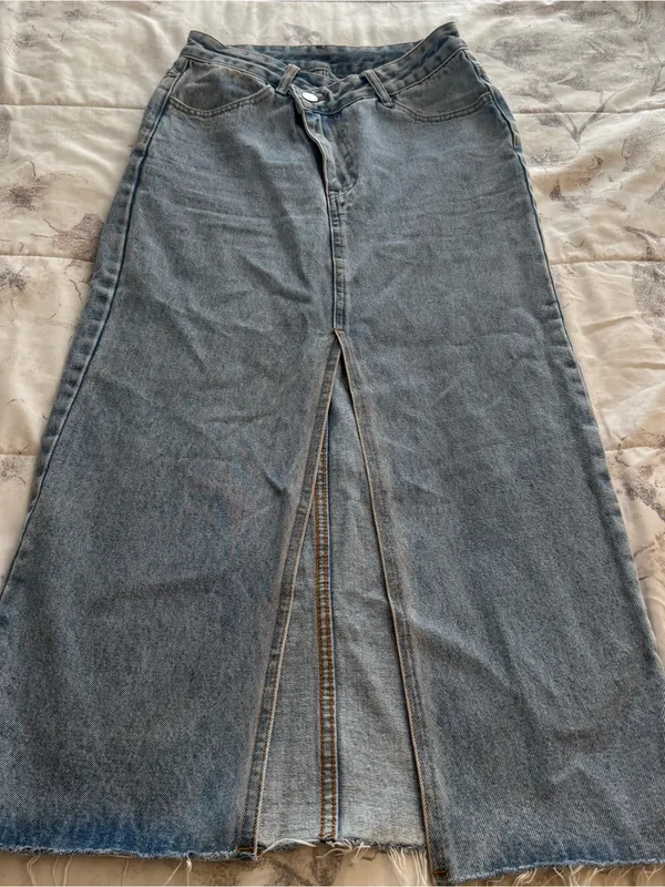 High-Rise Light Blue Denim Maxi Skirt with Front Slit, size XS western casual - Image 5
