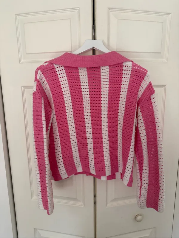 Daisy Crochet Knit Collared Striped Button Down Sweater Cardigan Size Large - Image 5
