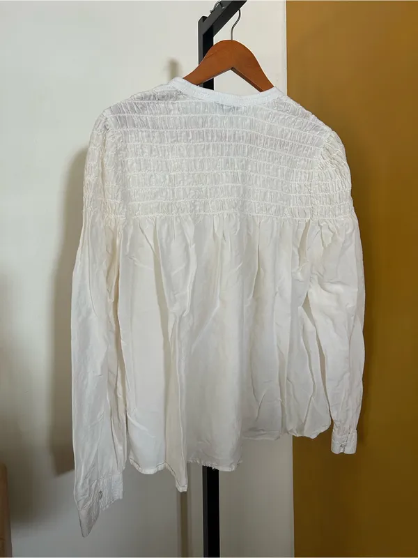 Madewell Smocked Top in Cotton Silk Blend Button Front Shirt Cream Blouse‎ Large - Image 7