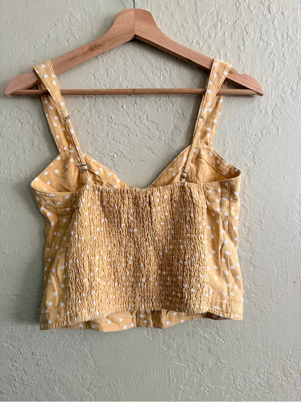 Abercrombie & Fitch Yellow Polka Dot Button-Front Linen Blend Crop Tank - Image 2