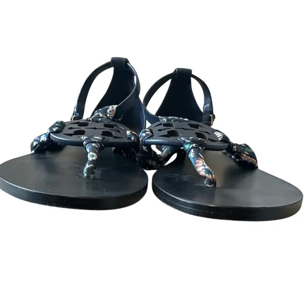 Tory Burch‎ Miller Scarf Sandals Navy Floral Ankle Strap 8 - Image 4