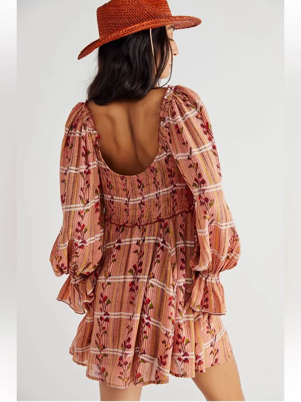 Free People Jackie Mini Dress M Rust Floral Plaid Boho NWOT - Image 2