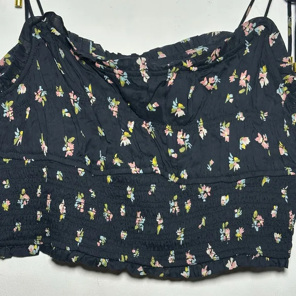 Free People Black Floral‎ Smocked Crop Top Tie Shoulder Adjustable M - Image 8