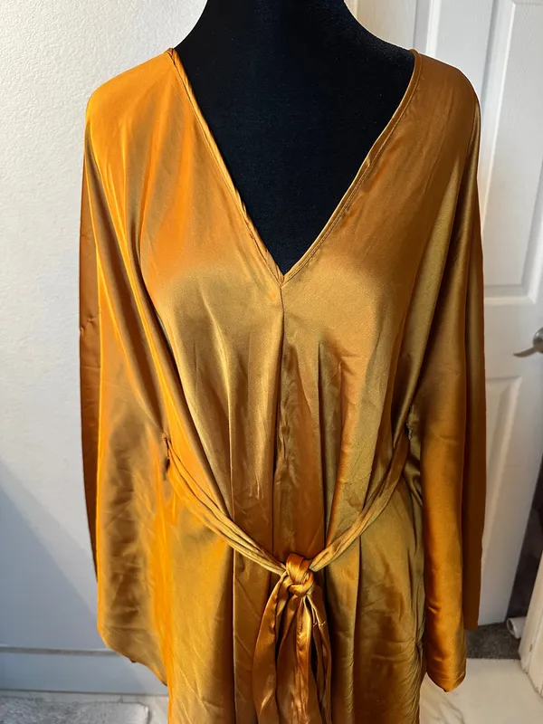 Anthropologie Dress Kaftan Satin Tie Front Gold - Image 3