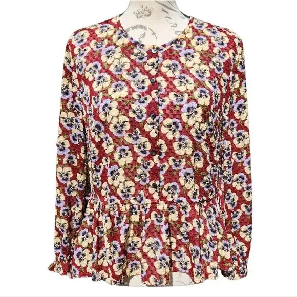 Madewell -565 Drawstring Ruffle-Hem‎ Top Blouse in Viola Floral Burgundy Medium - Image 3