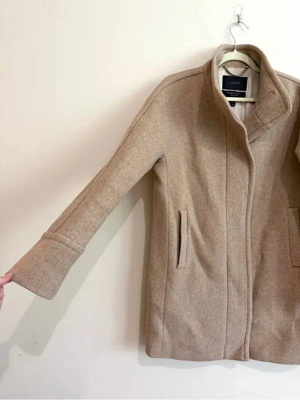 J. Crew Stadium Cloth Wool Cocoon Funnel Neck Pea Coat in Camel Beige Sz 8 - Image 3
