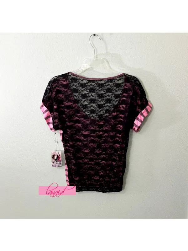 Love j Pink Striped Open Back Lace Backless Cut-Out Scoop Neck Short Sleeve Burnout Tee - Image 2
