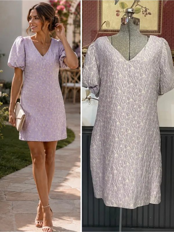NWT Greylin Cali Jacquard Silk Blend Puff Sleeve Mini Dress Lavender L🧡🎀 - Image 2