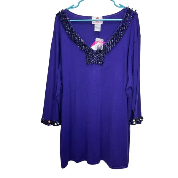 NWT‎ Quacker Factory Purple Beaded Sequins Long Sleeve Knit Top Size 2X - Image 2