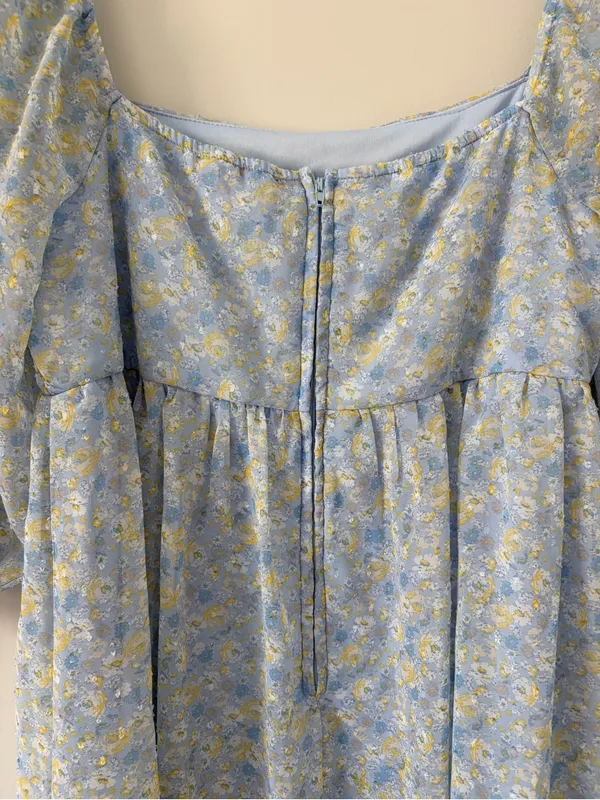 Altar’d State Light Blue Yellow Floral Square Neck Puffed Sleeve Baby Doll Dress - Image 5
