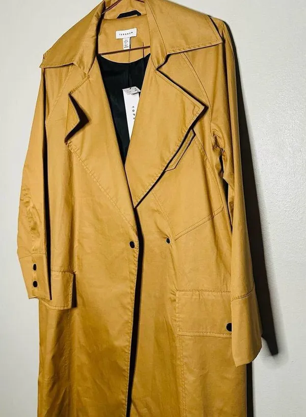 NWT Top Shop Tan Black Button Front Pockets Long Trench Coat Lightweight Size 2 - Image 2