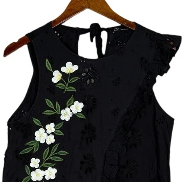 Zara Delicate Eyelet Floral Daisy Embroidered Sleeveless Mini Dress Large Black - Image 3