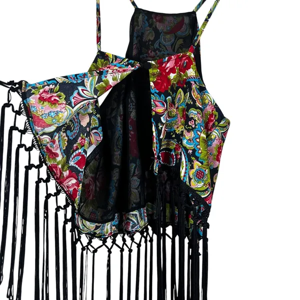 Cotton Candy Floral Paisley Halter Crop Top Multicolor Boho Fringe Size S - Image 5