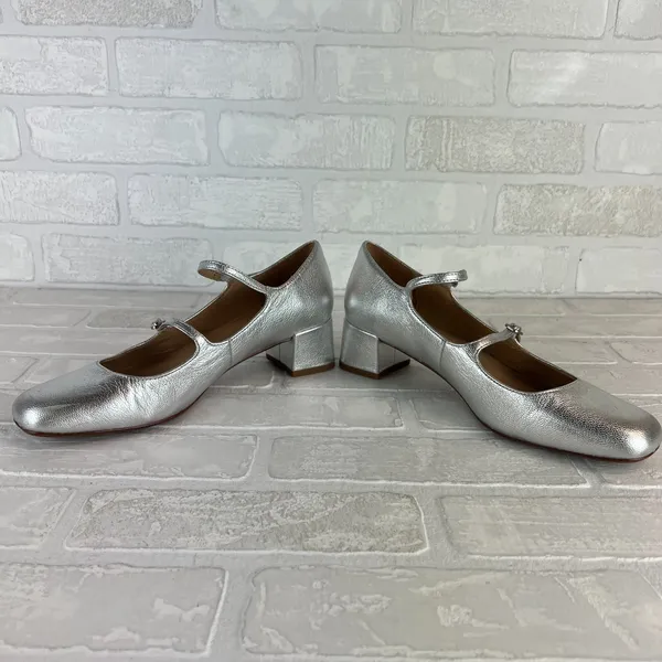 Madewell The Nettie Heeled Mary‎ Jane Womens 8.5 Bright Silver Metallic Leather - Image 11