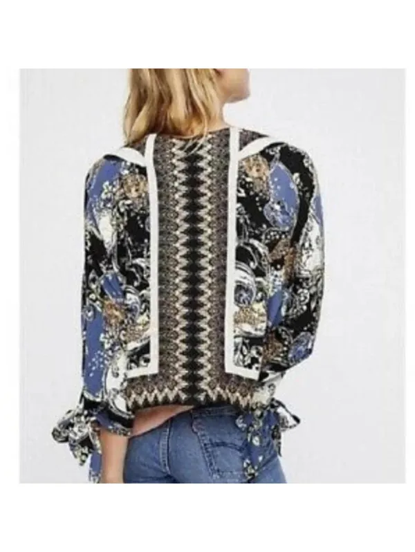 Free People Catch Me if You Can Tie Sleeve Geometric Cheetah Print Top M - Image 2
