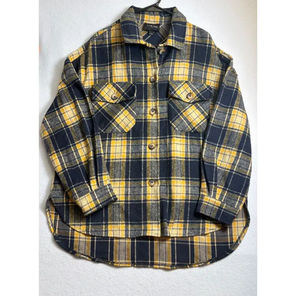 Timing Plaid Shacket Navy Blue Yellow Flannel Shirt Jacket Large - Image 3