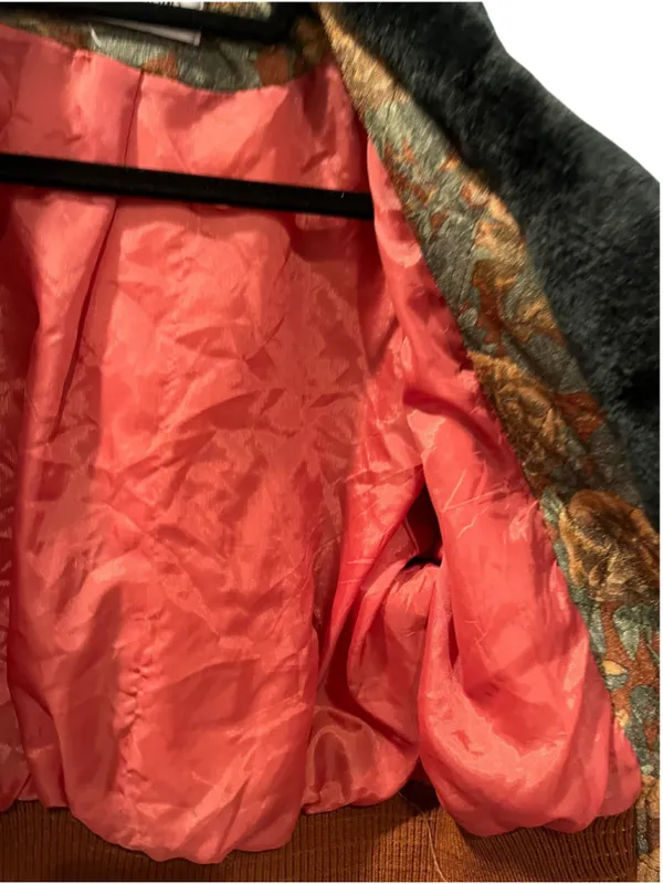 Vtg 80s 90s Kofoo Cropped Tapestry Bomber Jacket Faux Fur Collar Floral Size S/M - Image 10