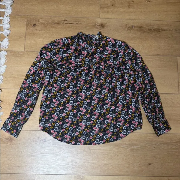 LOFT Cottagecore Floral Blouse Ruffle Bib Keyhole Dark Academia Vintage Style M - Image 3