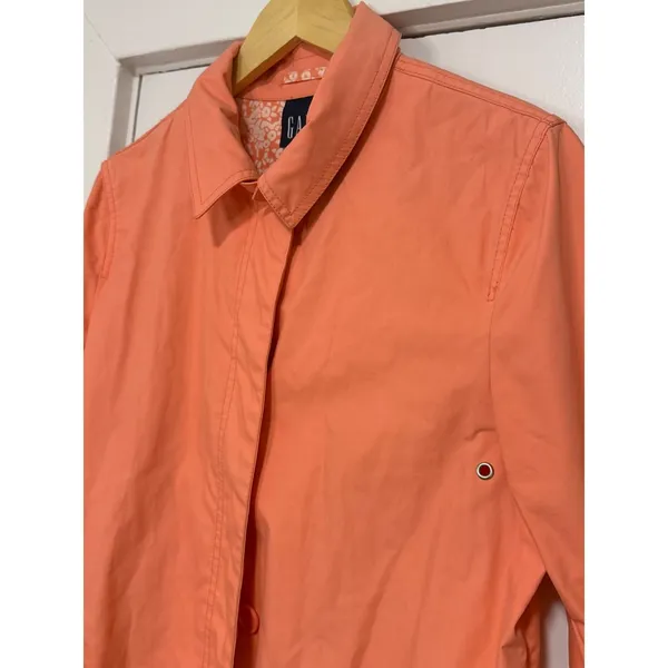 Vintage GAP Trench Coat Y2K Coral Orange Button Front Floral Lining Women Medium - Image 9