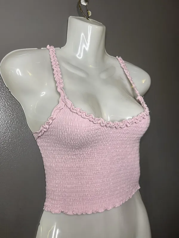 Hollister Tank Top Womens Small Pink Smocked Ruffle Strap Cropped Cami Summer - Image 2